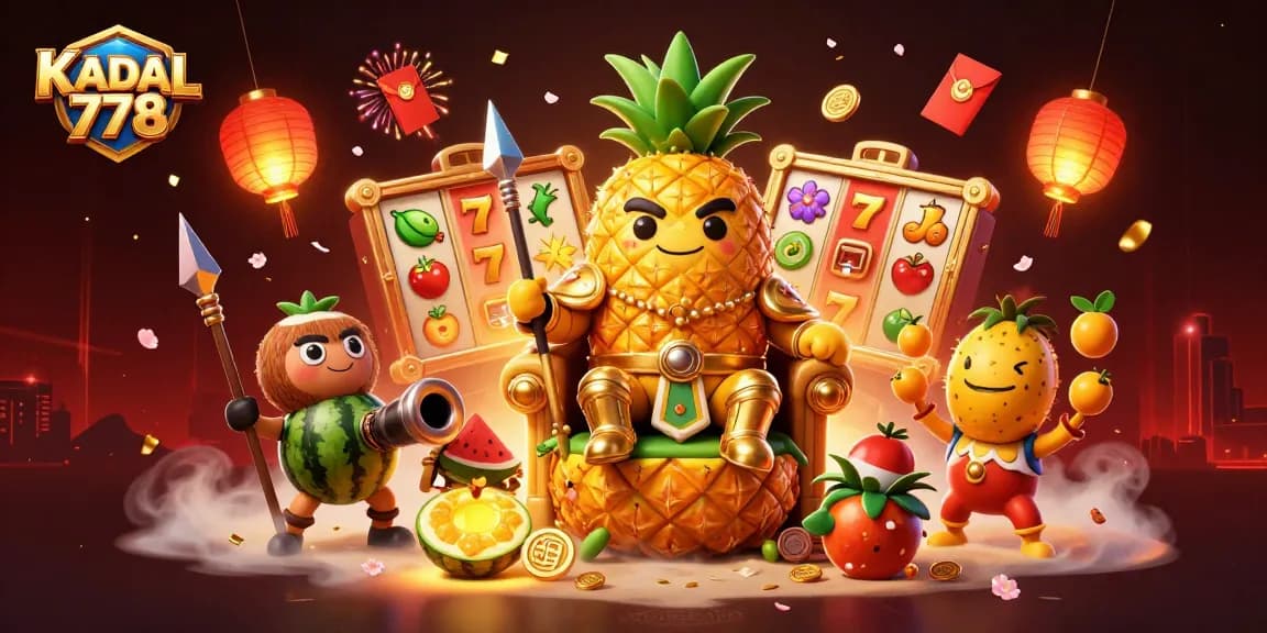 KADAL 778 showcases a vibrant casino scene with the golden pineapple king and lively characters, featuring dynamic slot elements.