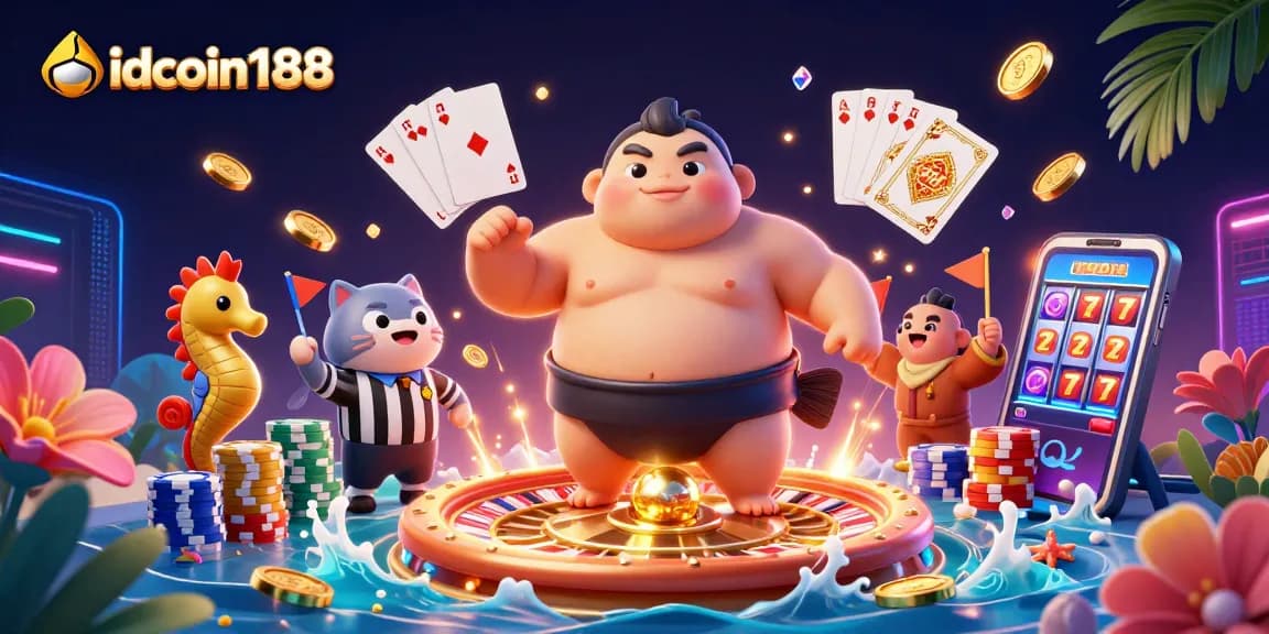 Engage with casino fun at IDCOIN188 featuring a whimsical underwater scene with vibrant characters and gambling elements.