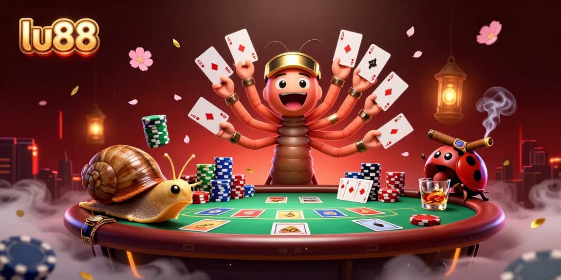 Play poker with lu88's animated characters including a millipede dealer, snail high-roller, and exciting game elements.