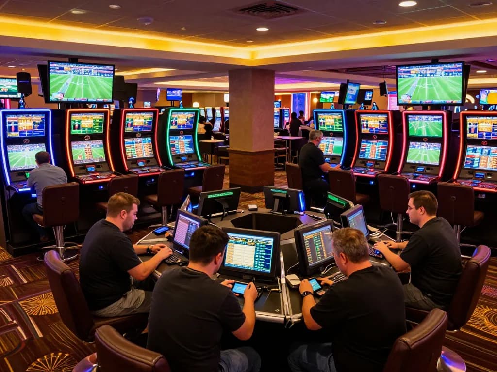 Kèo nhà cái analysis in vibrant sports betting area with live odds display and engaged bettors.