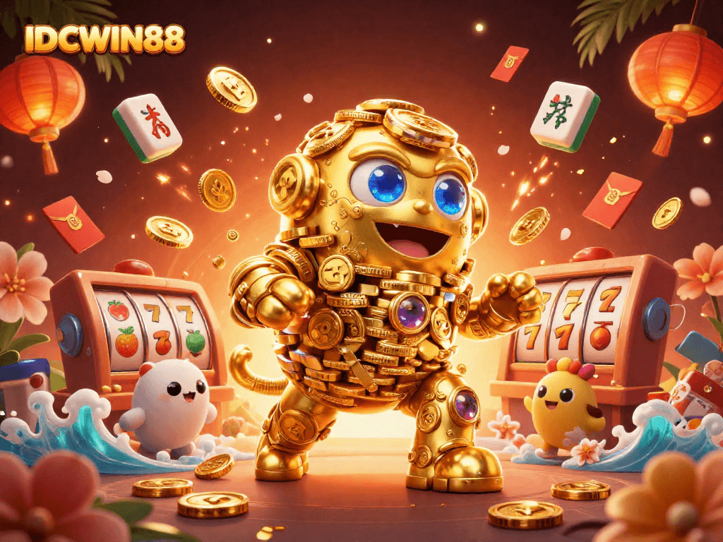 IDCWIN88 showcases dynamic slots action with a golden golem surrounded by colorful casino elements.
