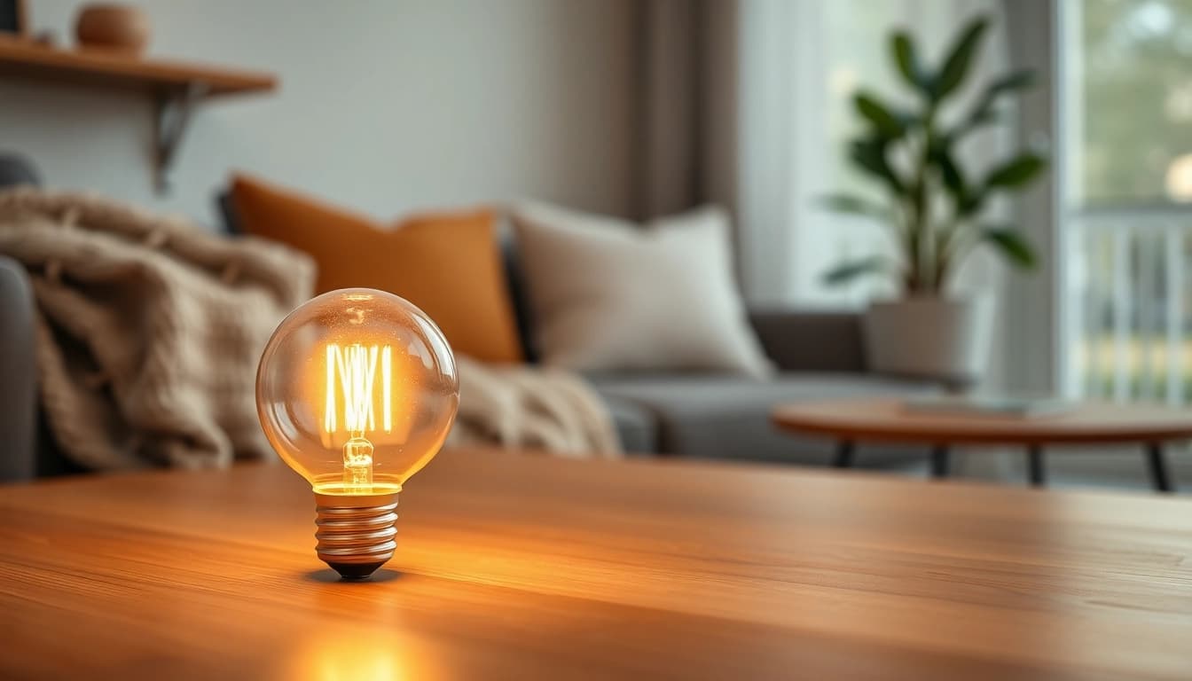 Learn what is an a19 light bulb with this illuminated close-up of a glowing A19 bulb on a cozy table.