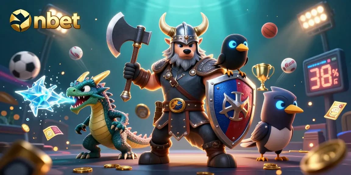 Engage with nbet's exciting gaming scene featuring a Viking warrior, dragon, and vibrant sports elements.