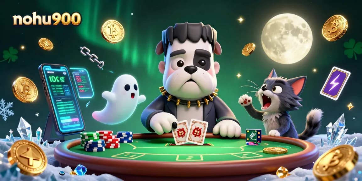 Engage in thrilling action with nohu900 at a spooky poker table surrounded by vibrant crypto elements.