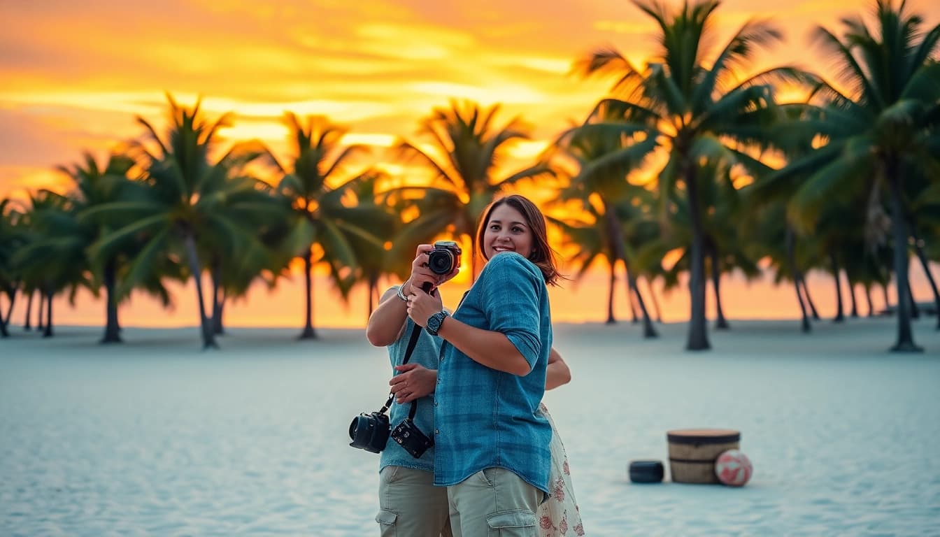 Destination photographer capturing a romantic sunset on a tropical beach.
