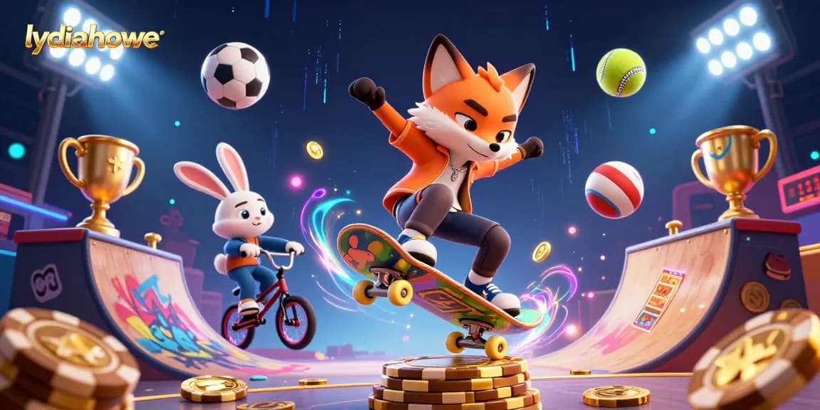 Lydiahowe showcases a vibrant 3D casino scene featuring animated characters engaging in thrilling gaming action.