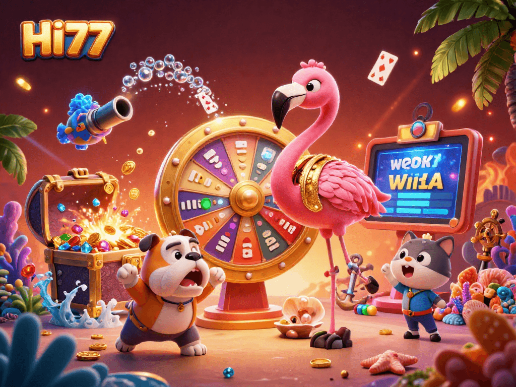 HI77 delivers thrilling gaming excitement with vibrant characters and casino elements in an action-packed scene.
