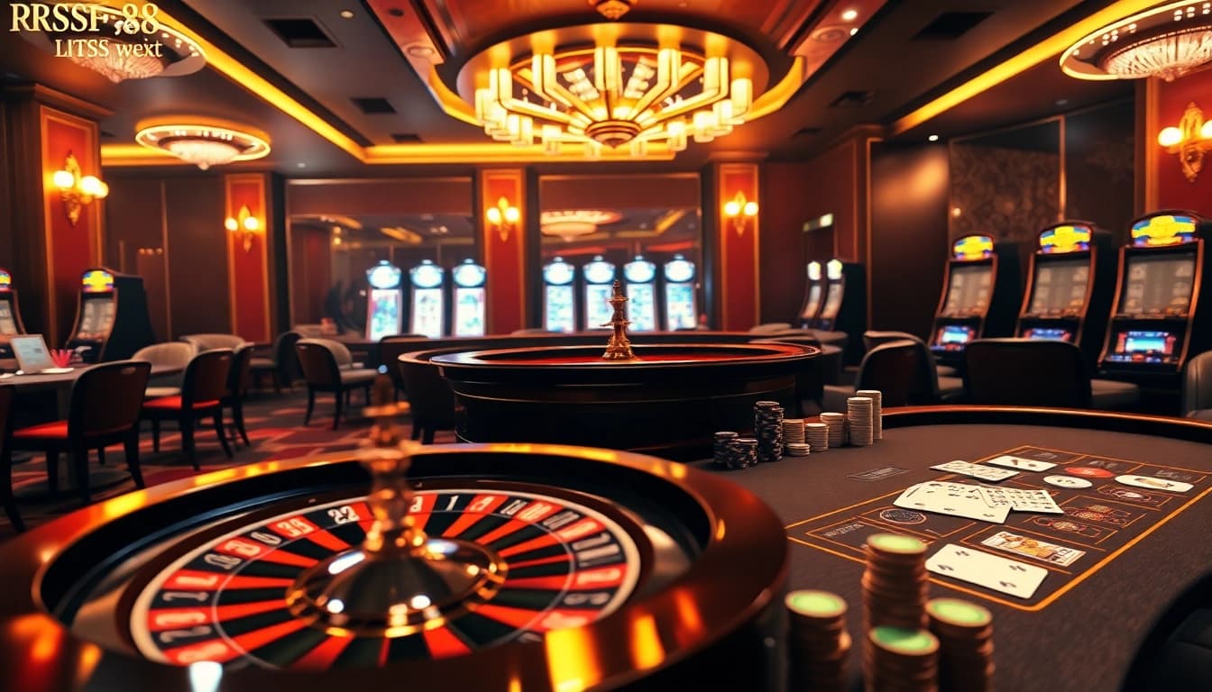 RR88 casino excitement with vibrant roulette wheel, poker chips, and luxury decor.