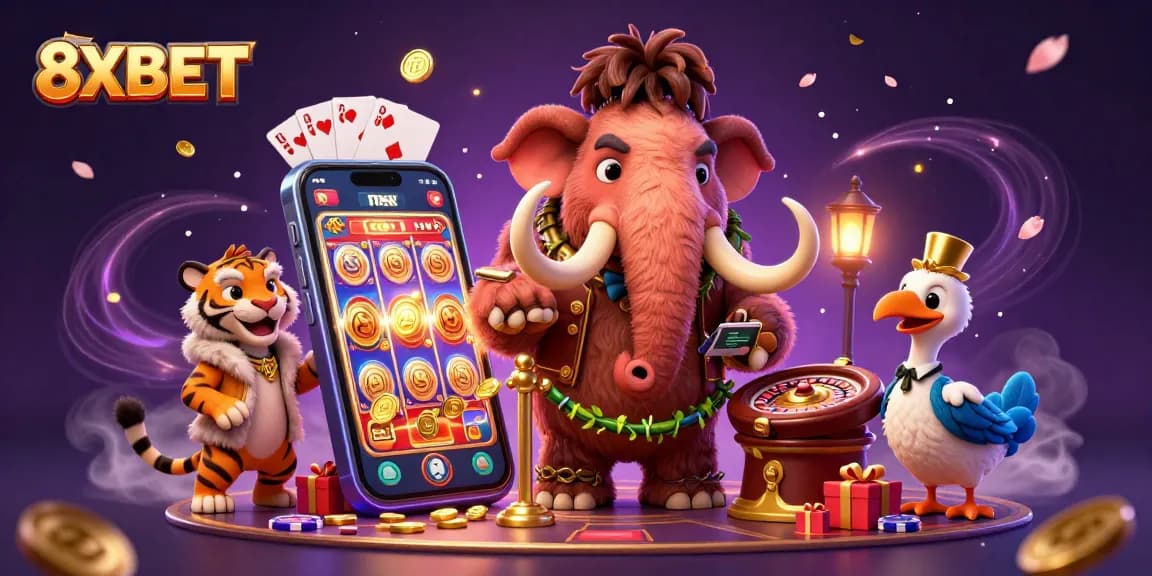 Play exciting games at 8XBET with a vibrant illustration of a casino scene featuring unique characters.