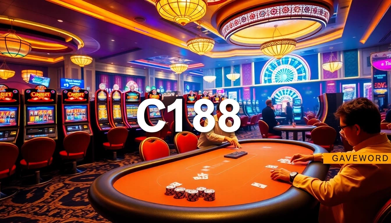 Players enjoy a high-stakes poker game at C168 casino, surrounded by vibrant slot machines.