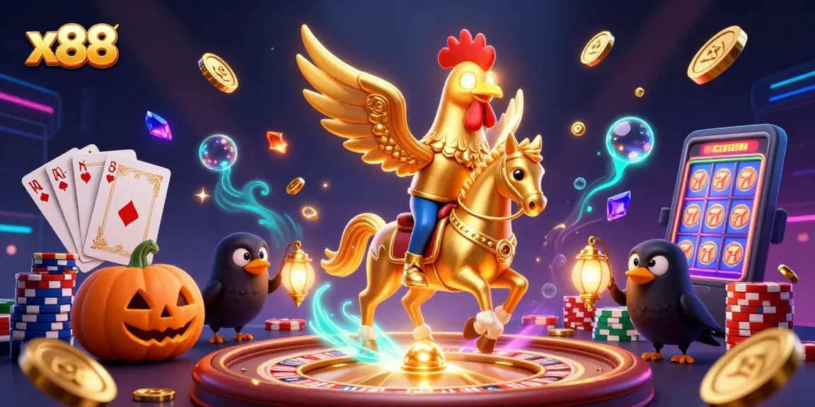 x88 casino illustration featuring dynamic characters in a vibrant midnight scene with gold coins and gaming elements.