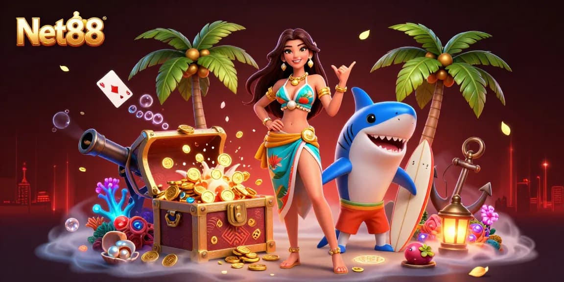 Experience thrilling gaming with Net88 as vibrant casino elements fill the scene.