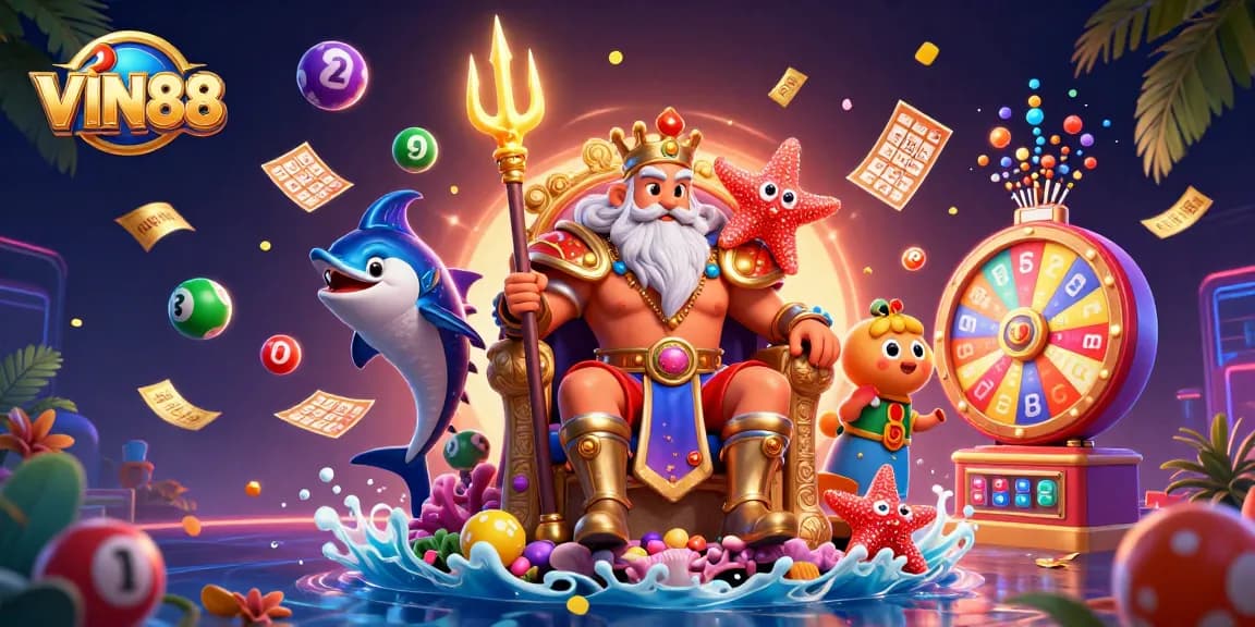 Join the excitement at VIN88 with vibrant lottery balls, lively prize wheels, and a grand coral throne.