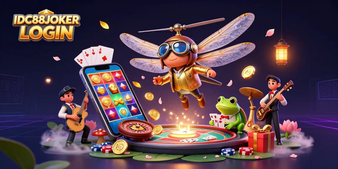 Engage with the IDC88JOKER LOGIN scene depicting a dragonfly pilot, frog croupier, and joyful casino atmosphere.