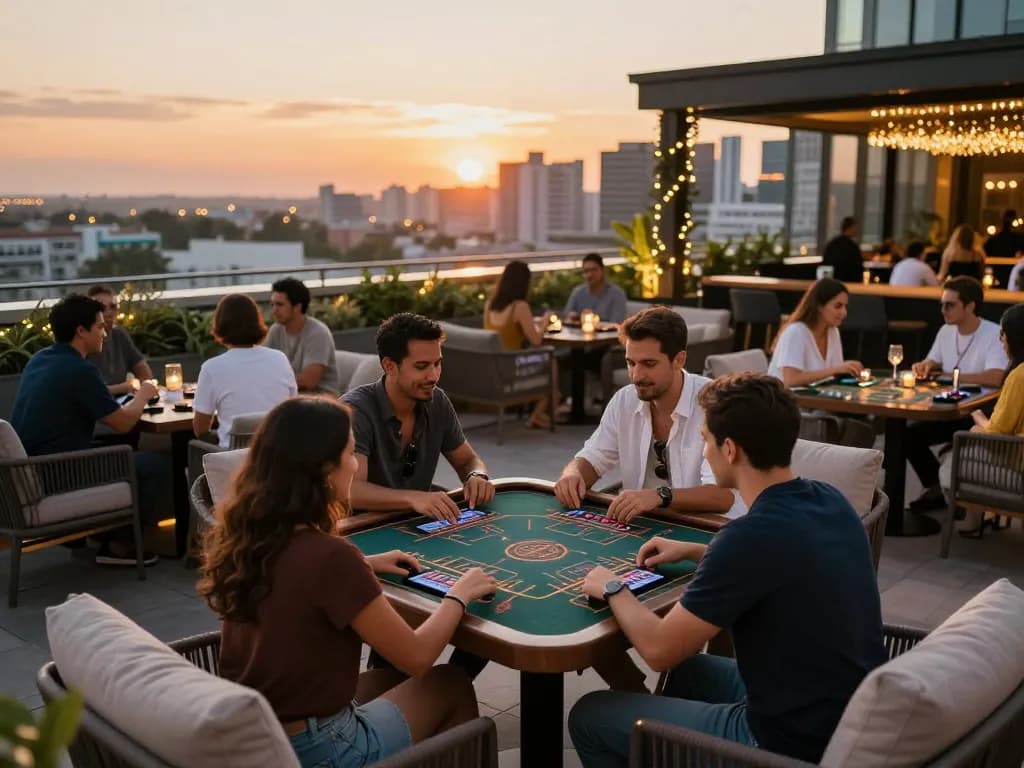 Freecuci365 players enjoying outdoor gaming on a terrace with sunset views and mobile apps.