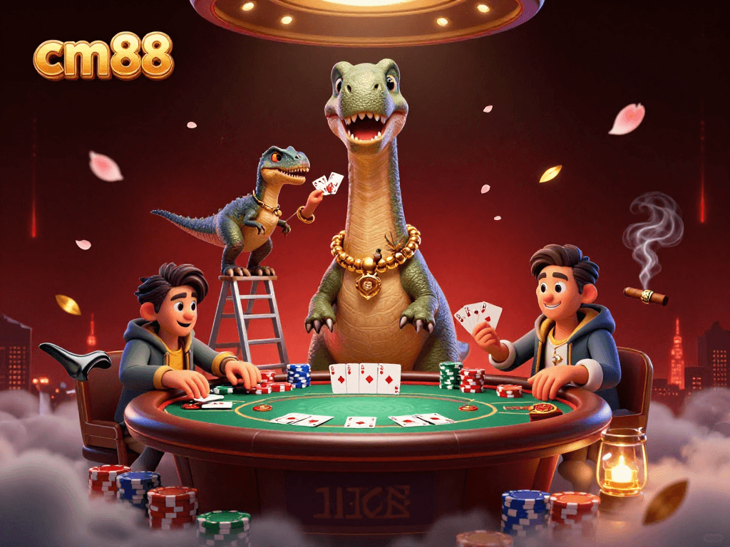 Engage with cm88's dynamic casino scene featuring a giant brontosaurus and clever raptor dealing cards.
