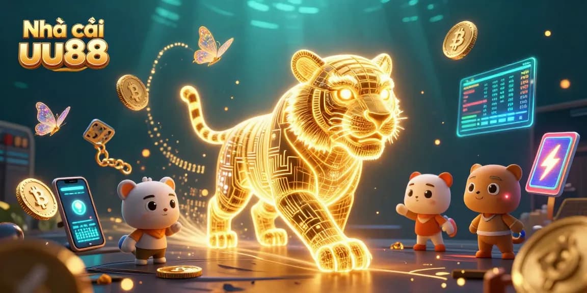 Experience the excitement of Nhà cái uu88 with a vibrant 3D casino scene filled with neon elements and crypto coins.