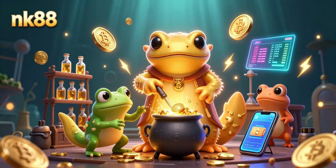 Join the fun with nk88's golden salamander and crypto elements in a lively casino scene.