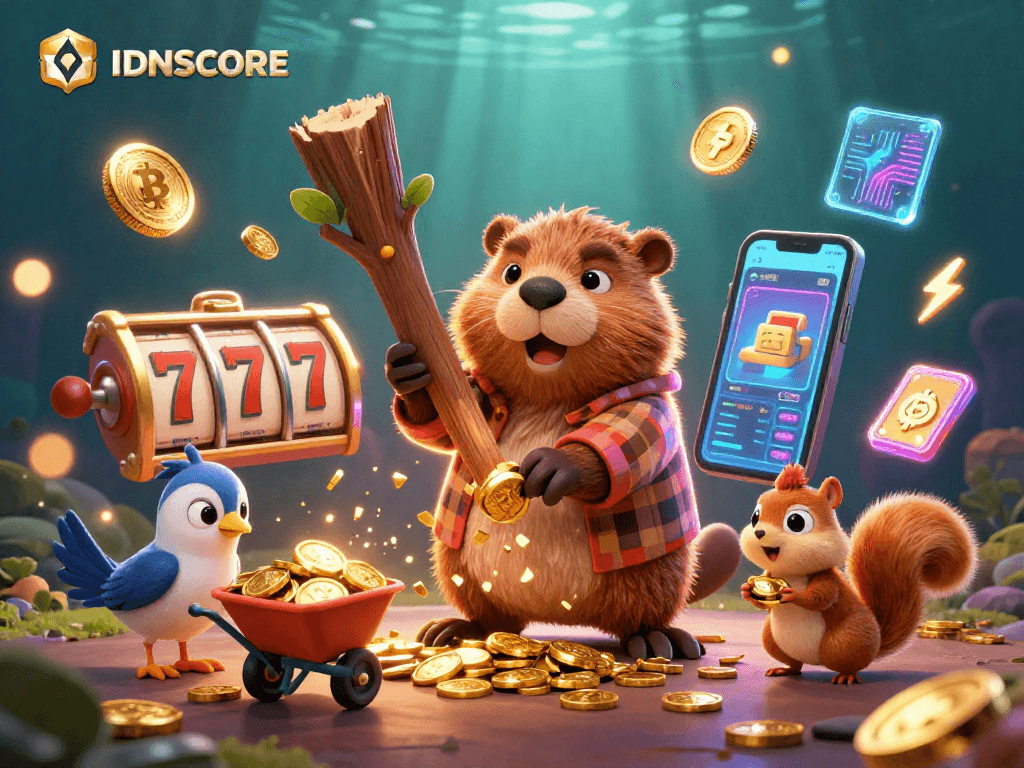 Experience thrilling gameplay with IDNSCORE as a beaver and friends navigate a cascade of coins in an enchanting casino scene.