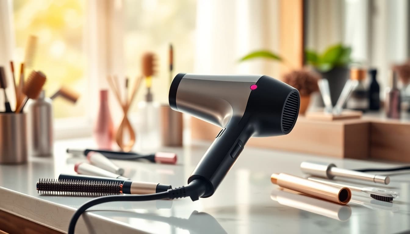 Styling with an Ionic blow dryer highlighting its unique design and superior drying capabilities.
