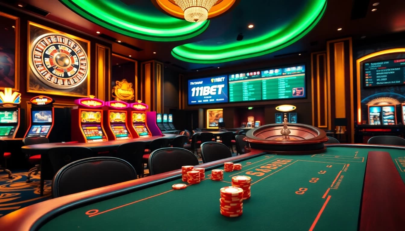Betting scene showcasing Thể thao 11BET with poker chips and vibrant slot machines.