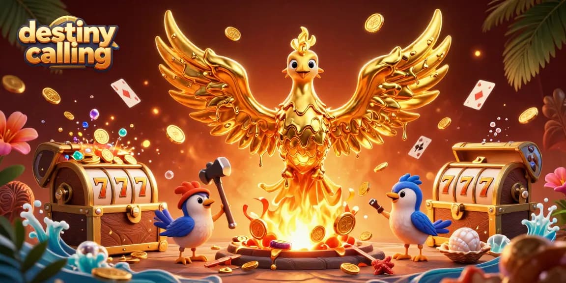Spin and win with Destiny Calling's vibrant casino illustration featuring a golden phoenix and dynamic slot reels.