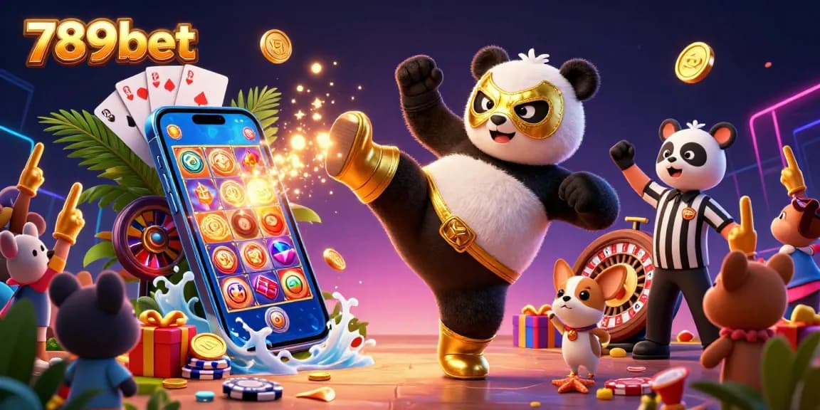 Engage with 789bet's vibrant casino atmosphere featuring a panda wrestler and playful animal fans.