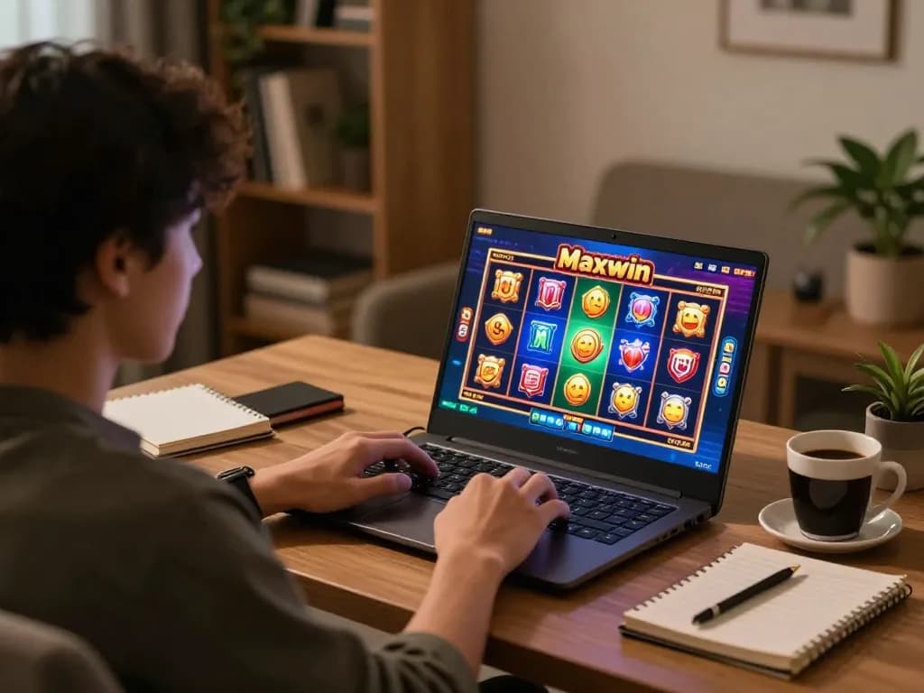 Player enjoying an exciting online gaming session with slot gacor maxwin on laptop at home desk