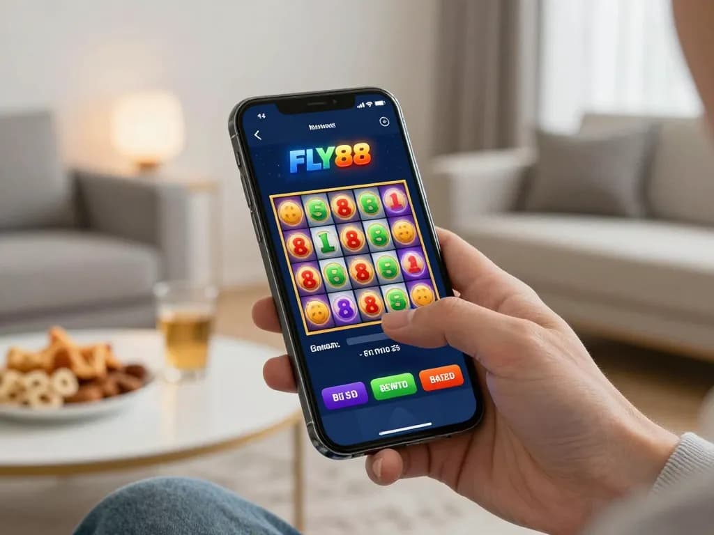Engaging FLY88 mobile casino app scene showcasing a user placing bets on colorful slot reels.