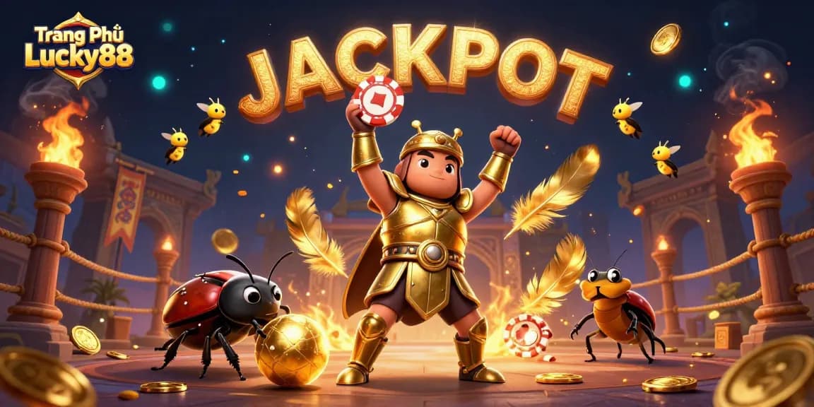 Experience excitement at Trang Chủ Lucky88 with a victorious beetle lifting a poker chip amidst a dazzling casino atmosphere.