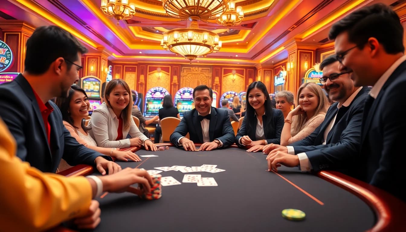 Excited players enjoying a poker game at 789club's luxurious casino scene.