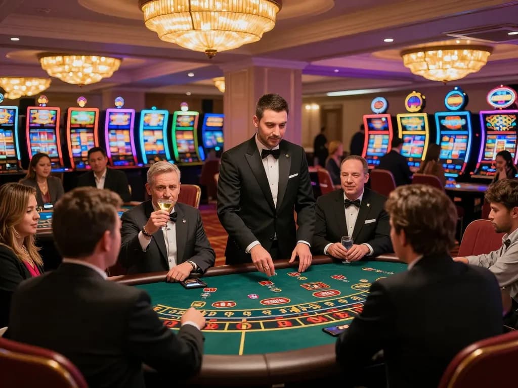 Players enjoying blackjack and roulette action at nhà cái tic88 casino, vibrant atmosphere with dynamic lighting.