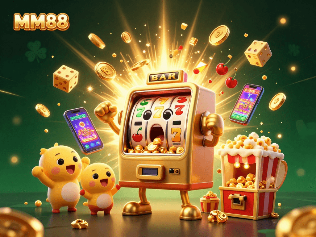 Engage in exciting gameplay with MM88 as the cheerful golden slot machine celebrates its jackpot.