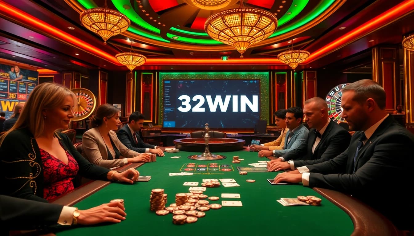 Gamblers engaging strategically at a 32WIN poker table with vibrant ambiance.