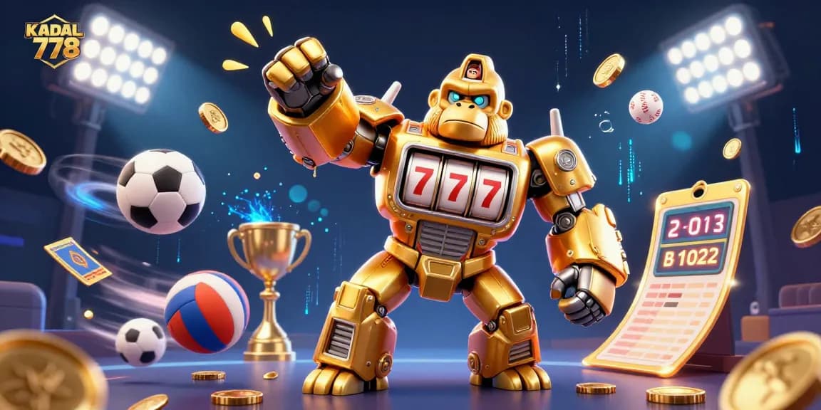 KADAL 778 brings excitement as the golden gorilla mech triumphantly punches while coins burst around it in this vibrant casino scene.