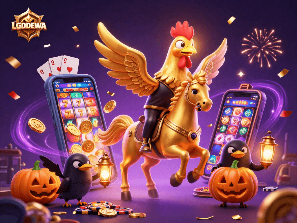 Experience exciting casino action with LGODEWA's golden rooster and spectral horse featuring slot gameplay.
