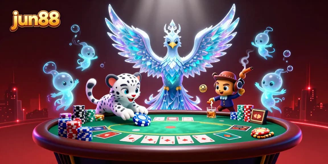 Experience diverse gaming with jun88's enchanting scene featuring ice phoenix and poker elements.