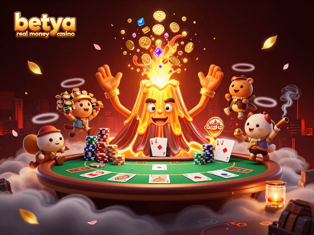 Engage with thrilling gameplay at betya real money casino featuring a golden volcano treasure eruption.