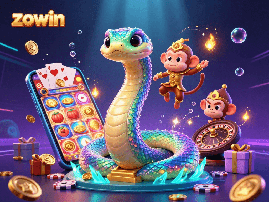 Zowin players enjoying vibrant slot games amidst colorful characters and magical light trails in a 3D casino scene.