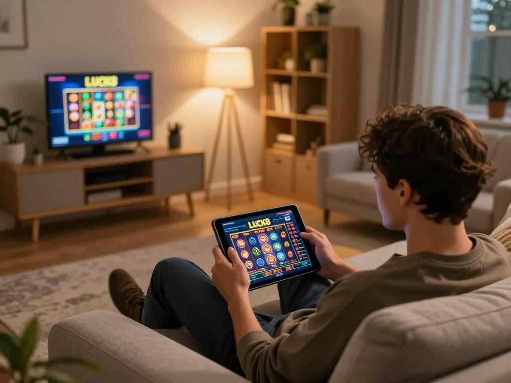 Engaging with luck8 win on a tablet during a cozy home gaming session.