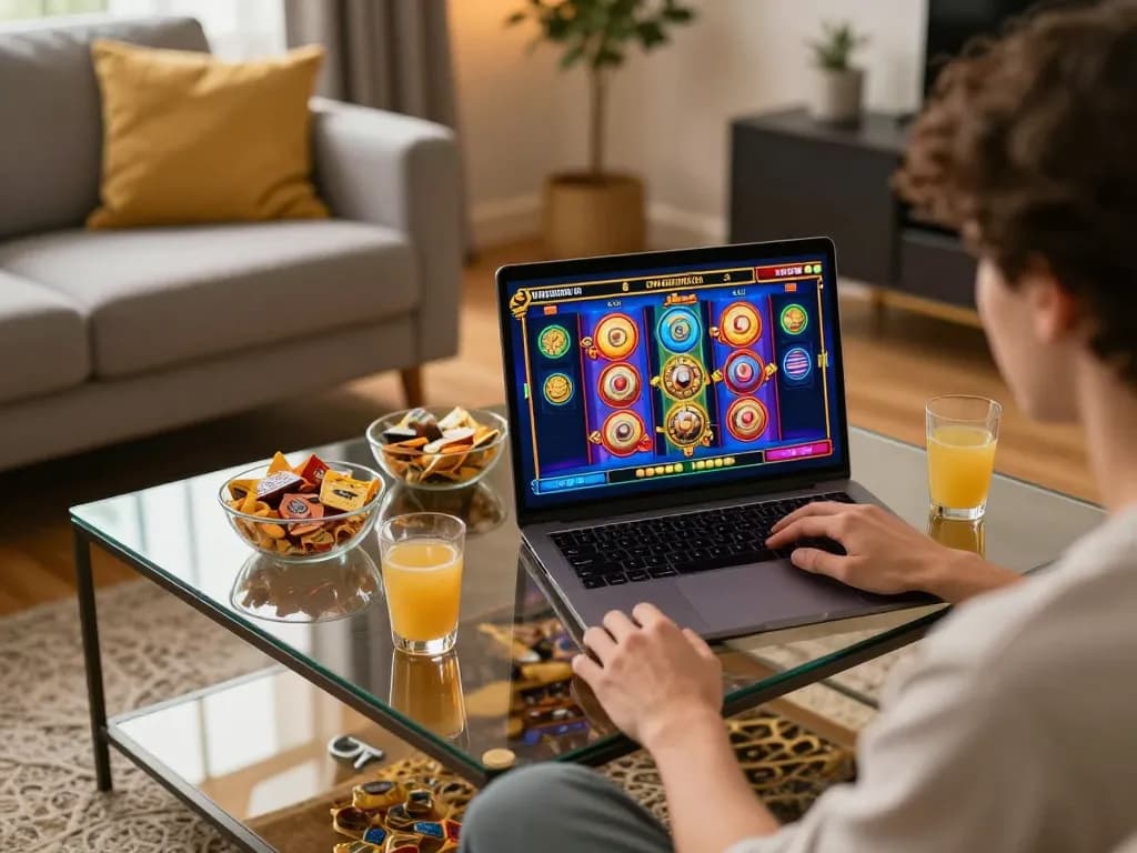 LC88 player enjoying an exciting online slot game at home with vibrant graphics.