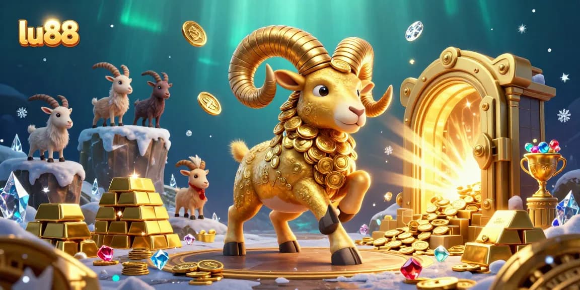 Engage with the vibrant world of lu88, showcasing a dynamic 3D illustration with gambling symbols and treasures.