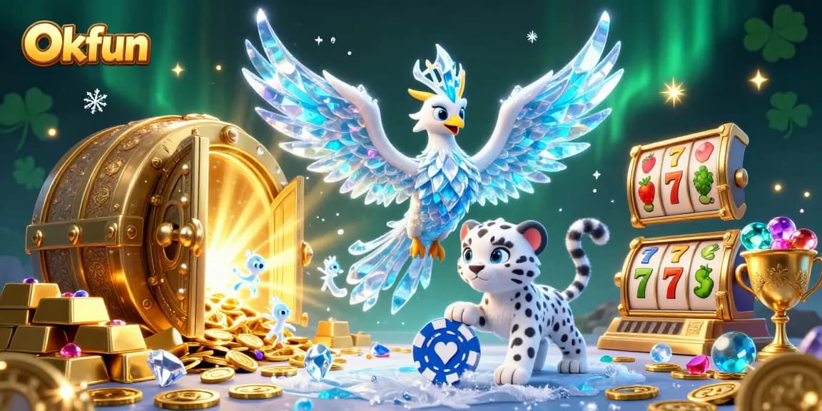 Experience thrilling casino magic with Okfun in this vibrant 3D casino illustration.