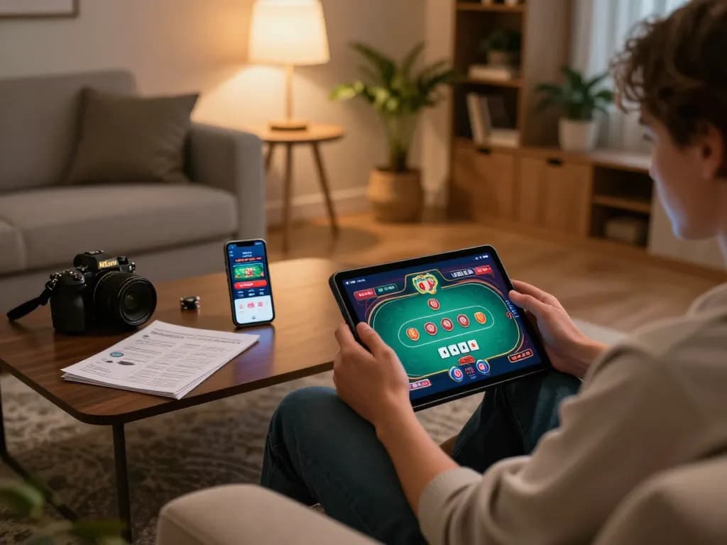 Player enjoying TR88 online poker game on tablet, cozy home atmosphere with strategy notes and casino app.