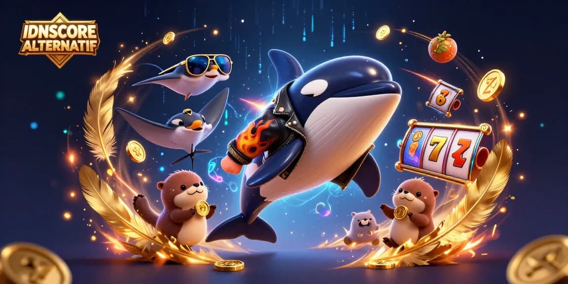 Experience IDNSCORE ALTERNATIF with a vibrant 3D casino-themed illustration featuring dynamic characters and engaging gaming elements.