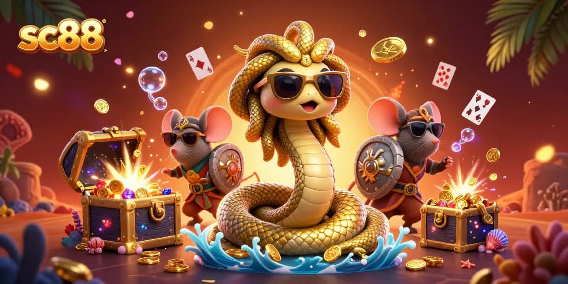 Experience the excitement of sc88 with cute Medusa and a warrior mouse gaming amidst treasures and cards in vibrant 3D.