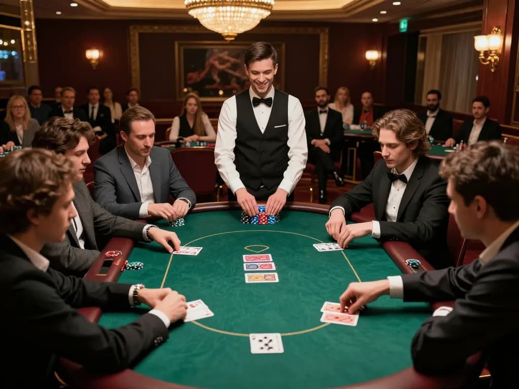 Players engaged in a high-stakes poker game at BL555 casino, showcasing cards and chips in an upscale environment.
