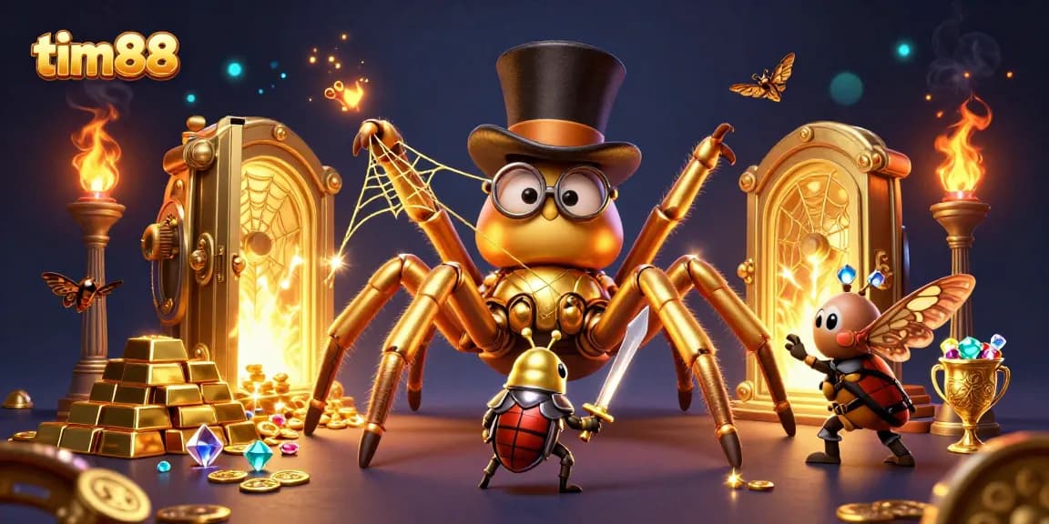 Experience the thrill of tim88 casino with a golden tarantula and beetle knight amid sparkling treasures.