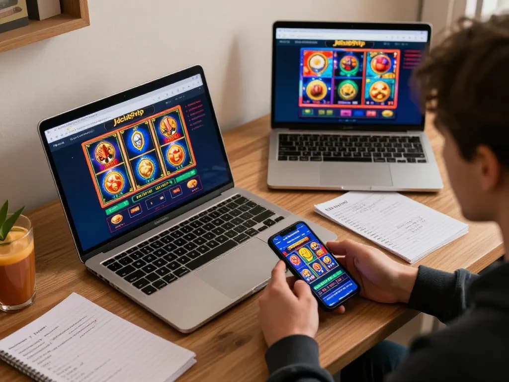 Engaging player experiencing Jdclub9vip online casino games on laptop and smartphone in cozy setting