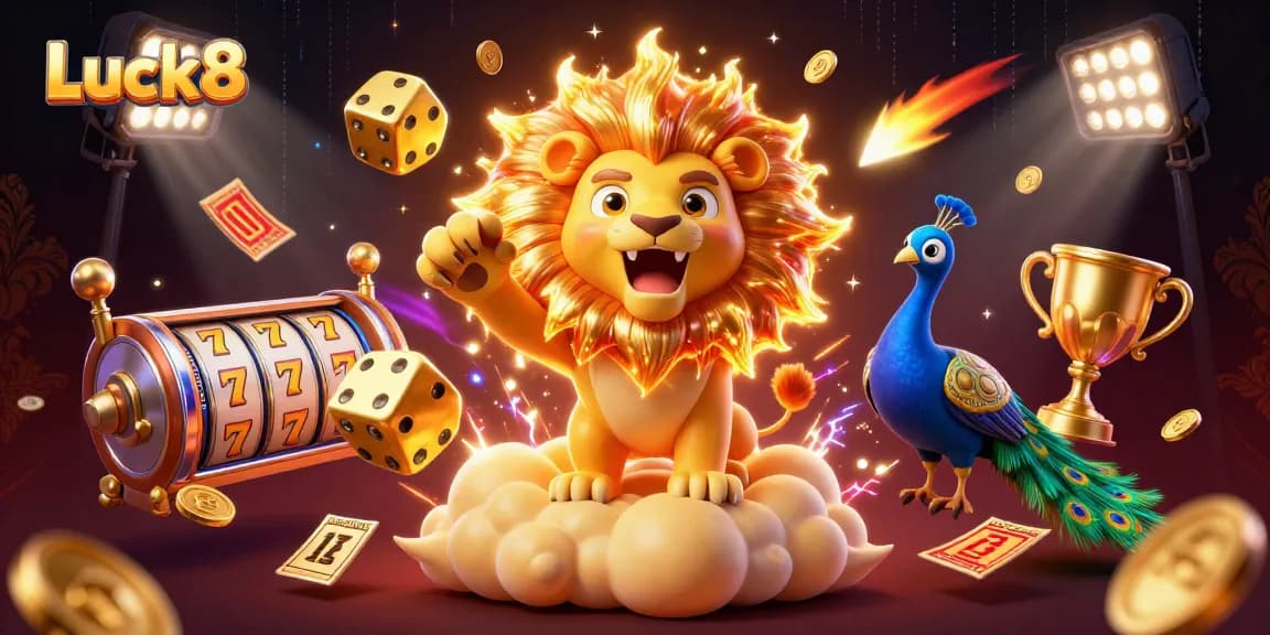 Experience exciting wins at Luck8 with dynamic slot reels, golden dice, and animated casino elements.